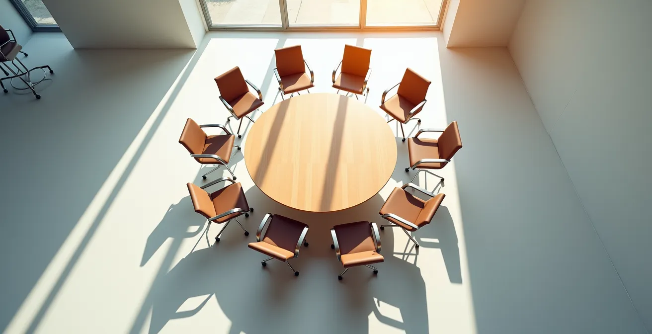 Salle de réunion vue du plafond avec chaises disposées en cercle