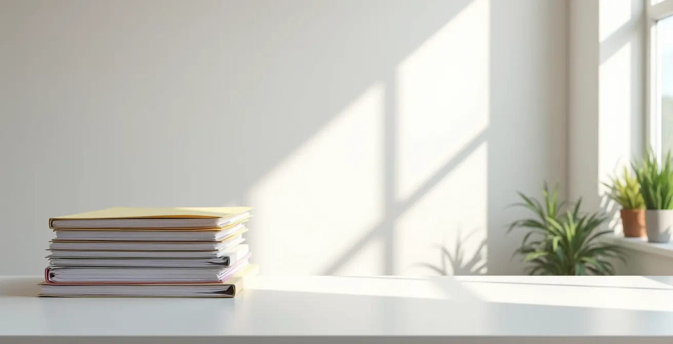 Bureau épuré avec documents organisés sous lumière naturelle