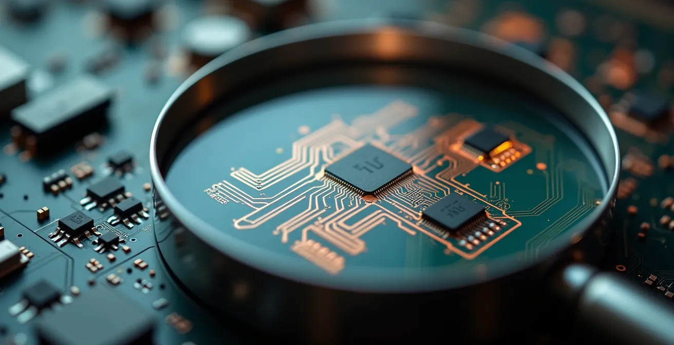 Loupe grossissant les détails d'un circuit électronique complexe