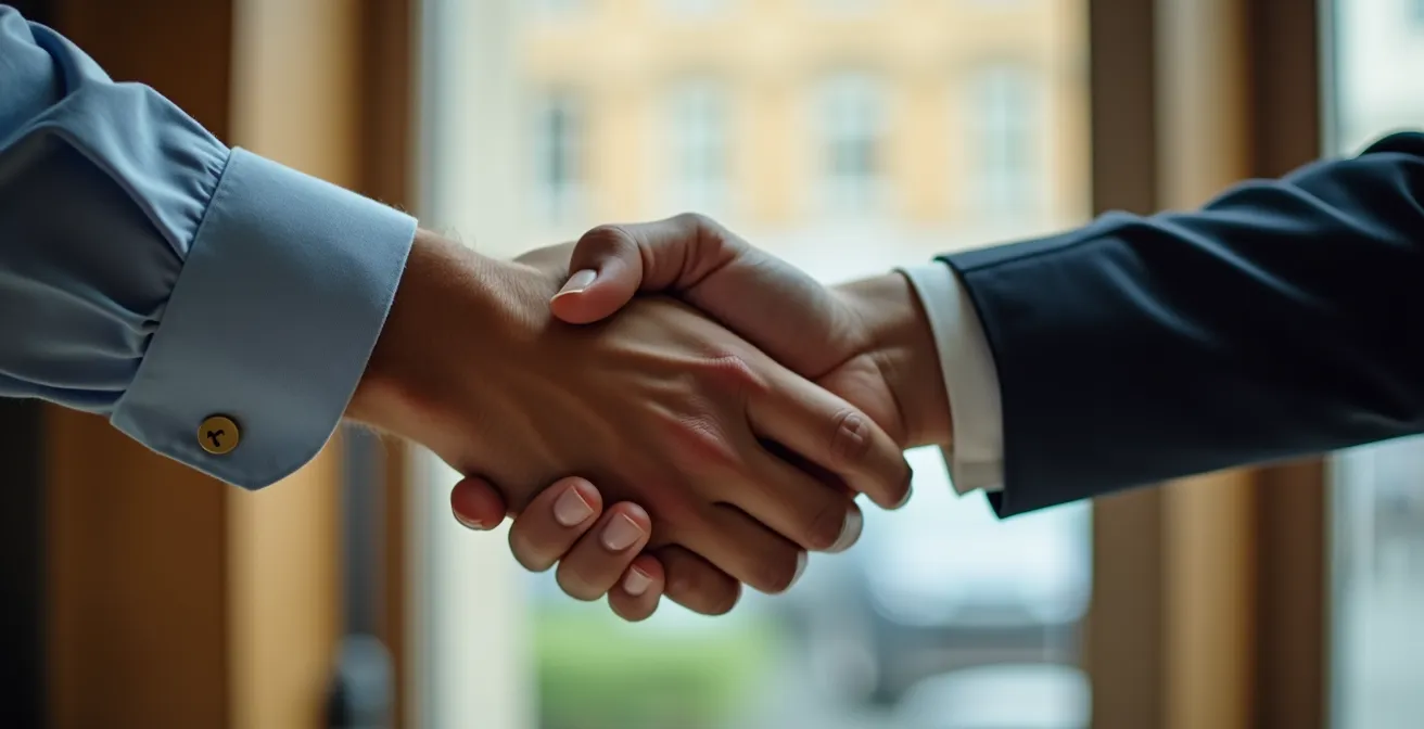 Poignée de main professionnelle symbolisant la confiance et le partenariat