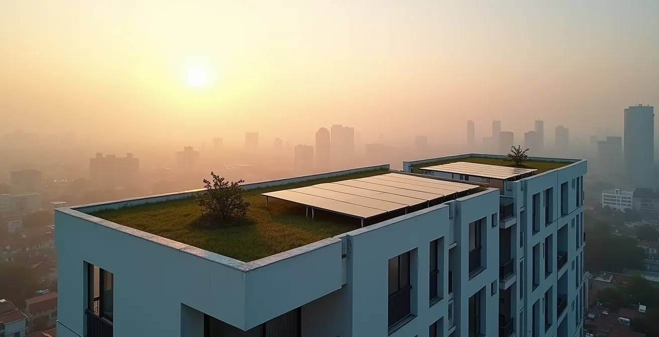 Vue aérienne d'un immeuble moderne avec panneaux solaires et espaces verts