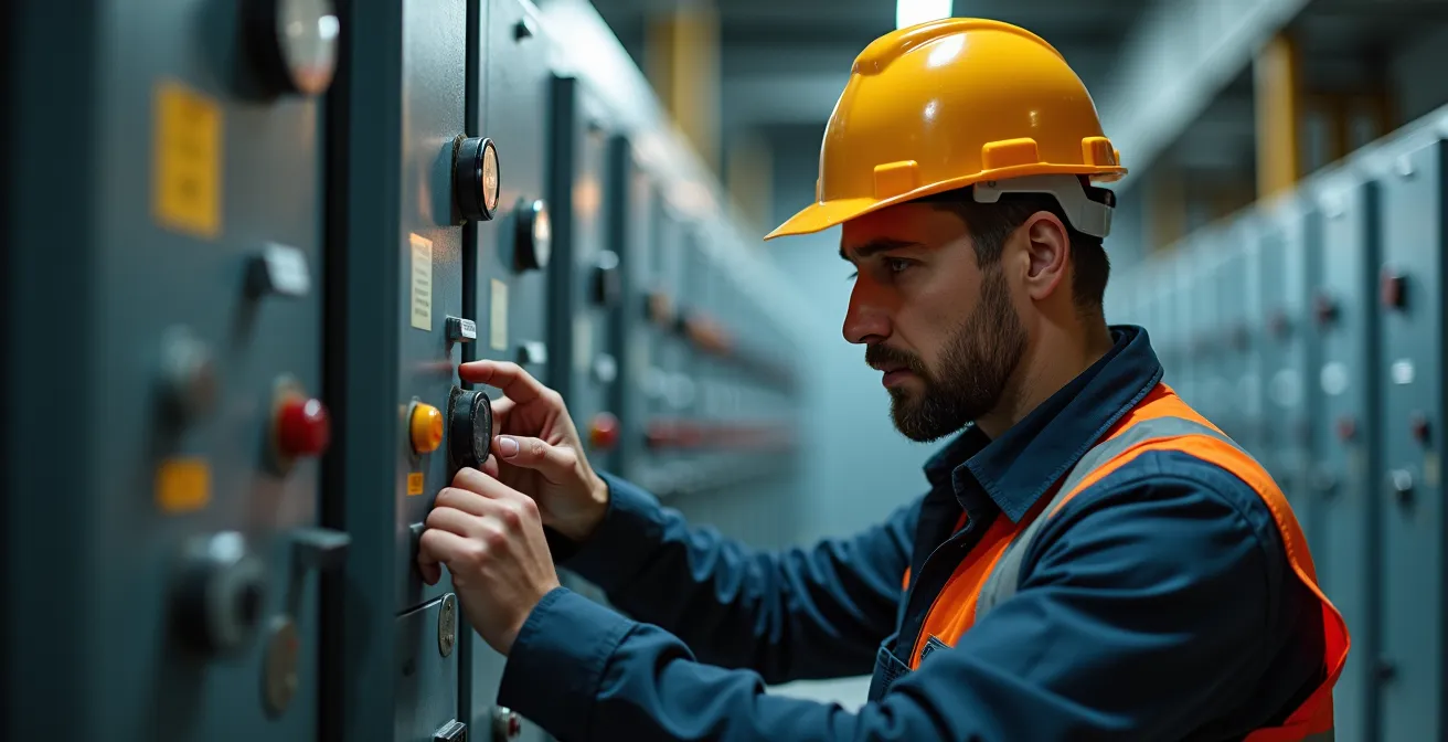 Technicien examinant des compteurs électriques industriels