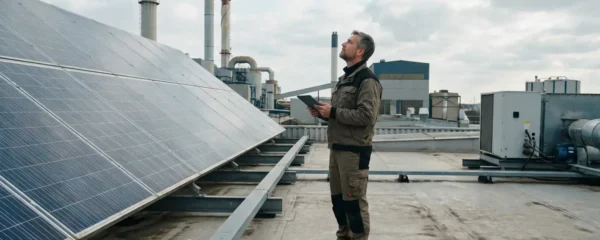 Technicien inspectant panneaux solaires thermiques sur toit industriel transition énergétique