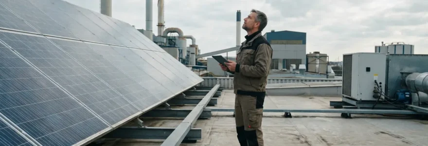 Technicien inspectant panneaux solaires thermiques sur toit industriel transition énergétique