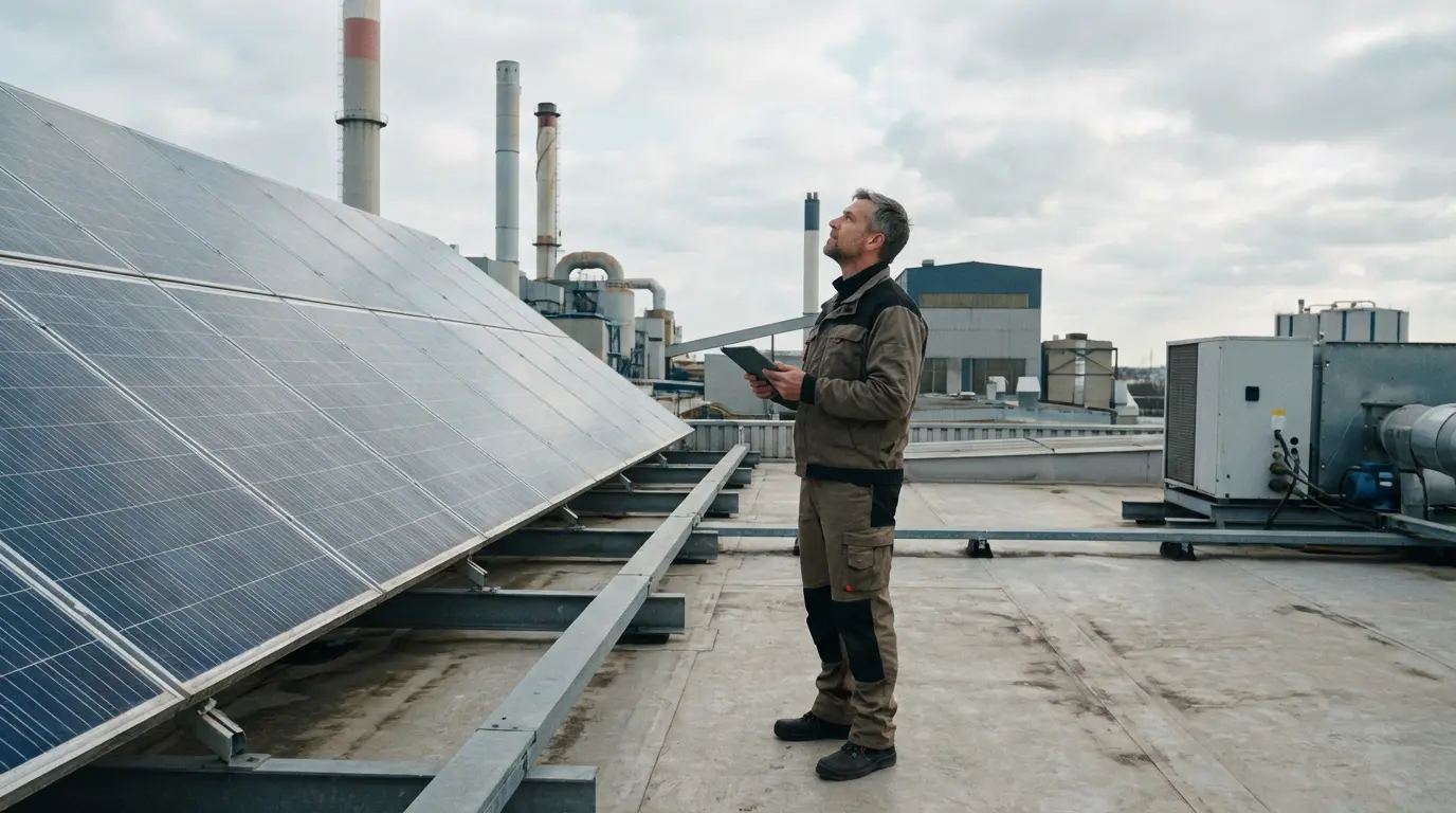 Technicien inspectant panneaux solaires thermiques sur toit industriel transition énergétique