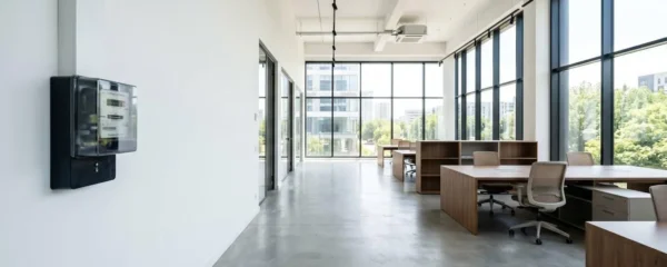 Atelier artisanal lumineux et vide avec un compteur électrique professionnel visible au mur