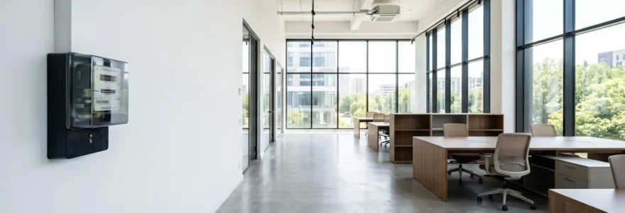 Atelier artisanal lumineux et vide avec un compteur électrique professionnel visible au mur