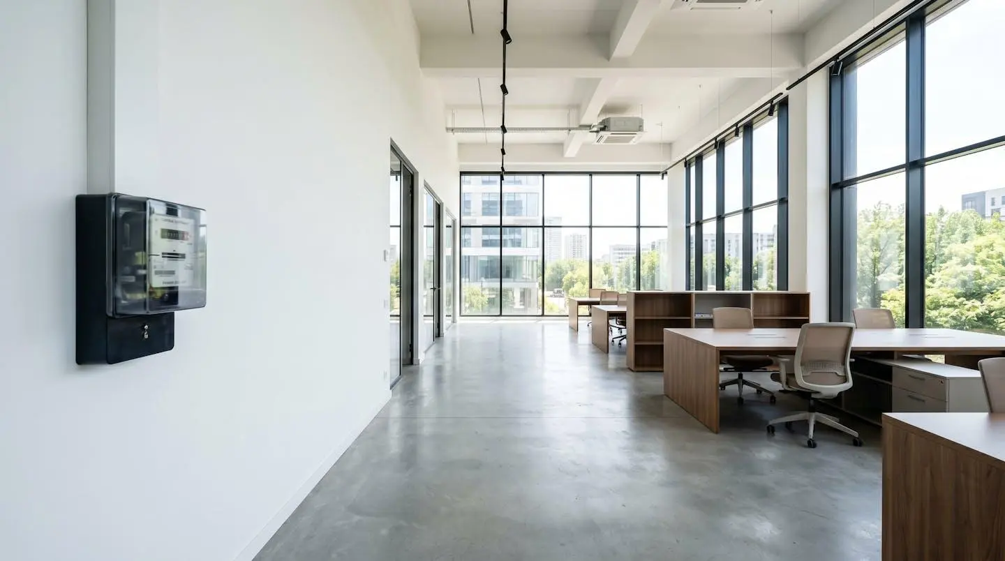 Atelier artisanal lumineux et vide avec un compteur électrique professionnel visible au mur