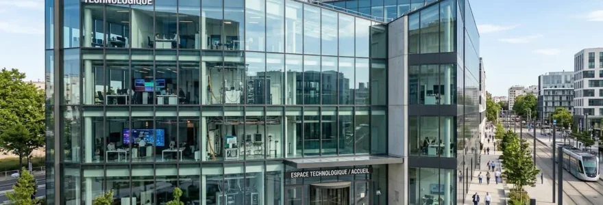 Bâtiment professionnel contemporain avec façade vitrée et installation technique visible en arrière-plan, pris en pleine journée sous lumière naturelle