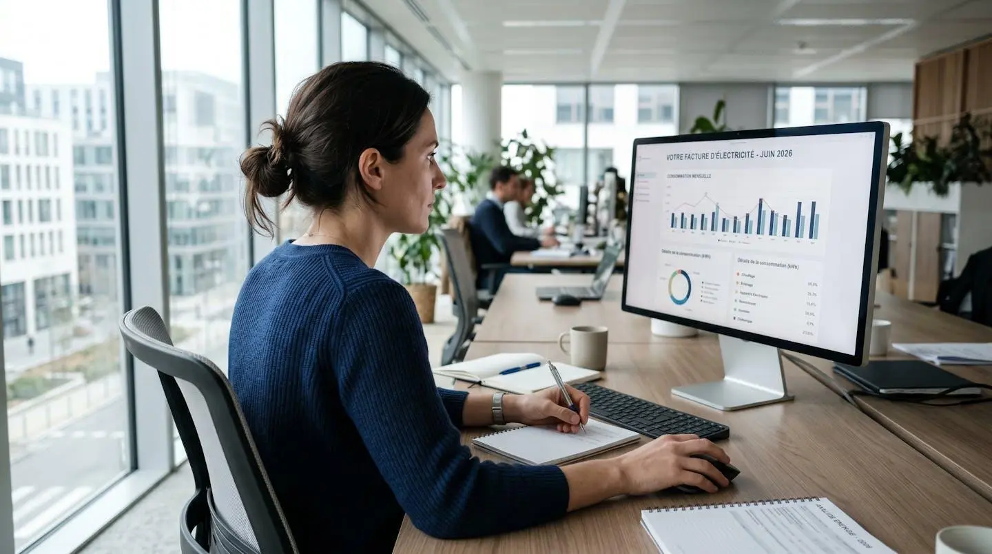 Chef d'entreprise vu de dos analysant une facture d'énergie sur son ordinateur dans un bureau lumineux