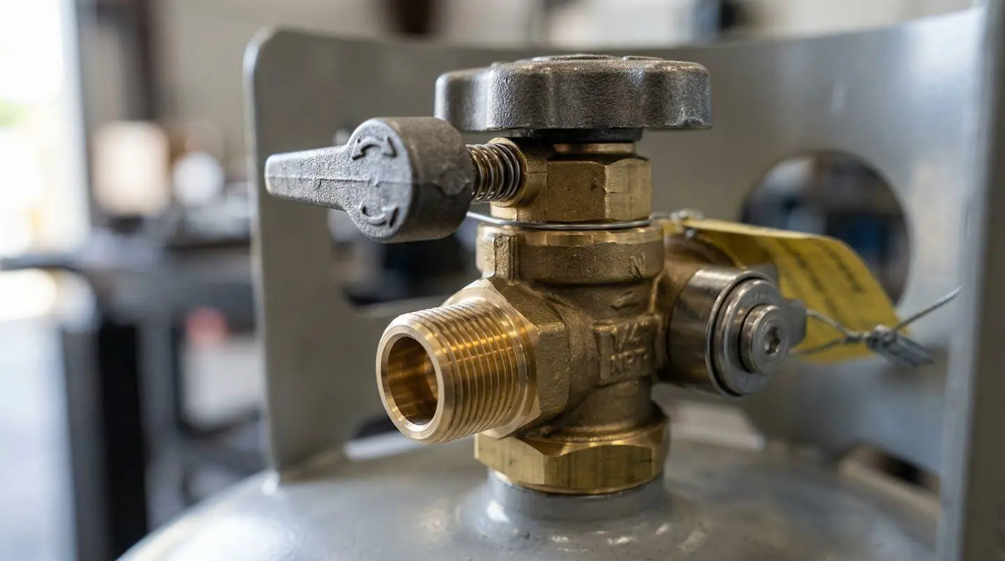 Gros plan sur une valve de réservoir de gaz propane professionnel avec équipements de sécurité visibles, surface métallique propre sous lumière naturelle