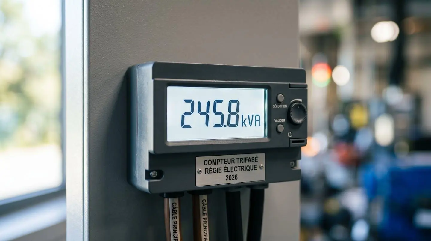 Vue en gros plan d'un compteur électrique professionnel moderne affichant la puissance en kVA