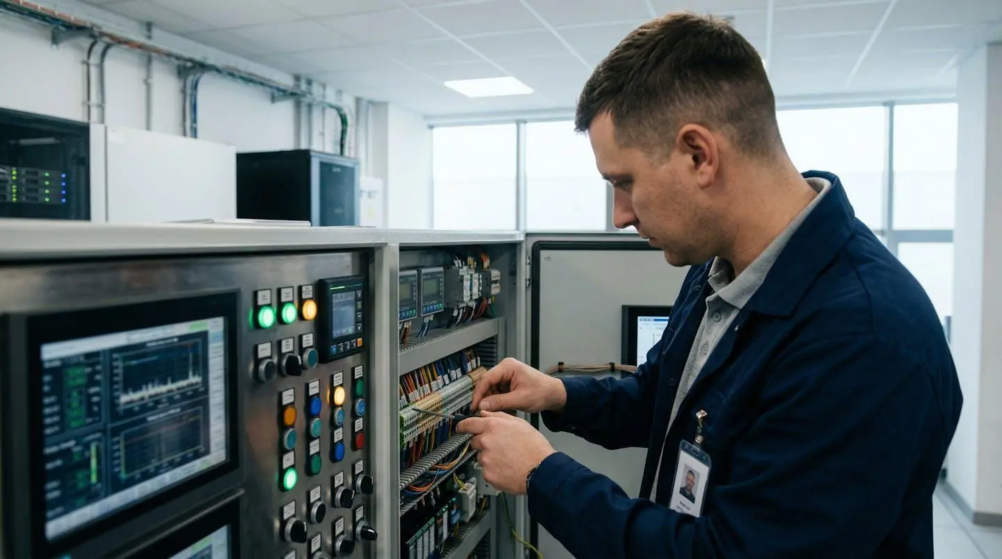 Technicien vu de dos consultant un panneau de contrôle énergétique dans un local technique lumineux et moderne