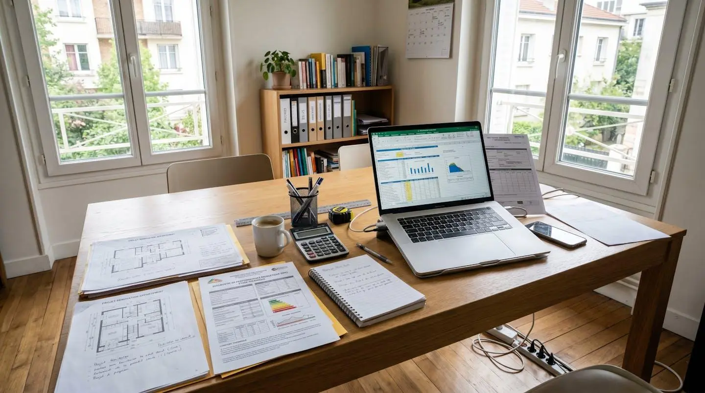 Bureau de travail organisé avec documents techniques de rénovation énergétique, calculatrice, certificat de performance énergétique, ordinateur affichant un formulaire administratif, lumière naturelle, espace travail contemporain