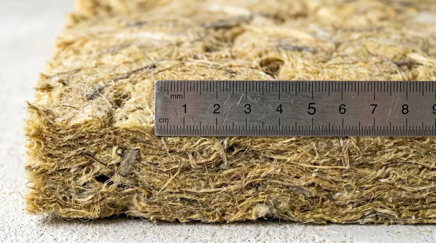 Gros plan sur l'épaisseur d'un isolant en laine minérale avec mètre ruban montrant plusieurs centimètres, texture fibreuse dense visible, détail matériau certification thermique