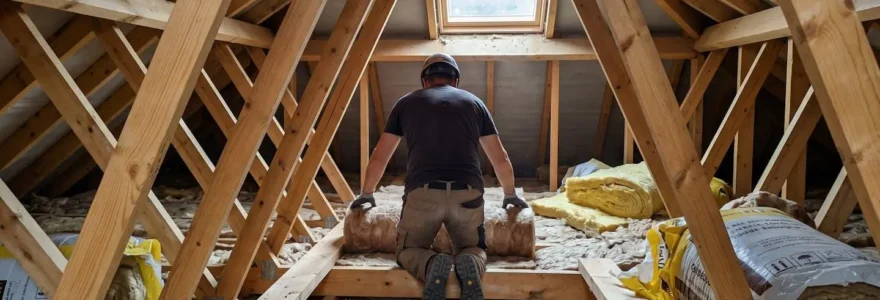 Professionnel RGE de dos installant des rouleaux d'isolant en laine minérale dans des combles aménageables, charpente bois apparente, chantier de rénovation énergétique résidentiel