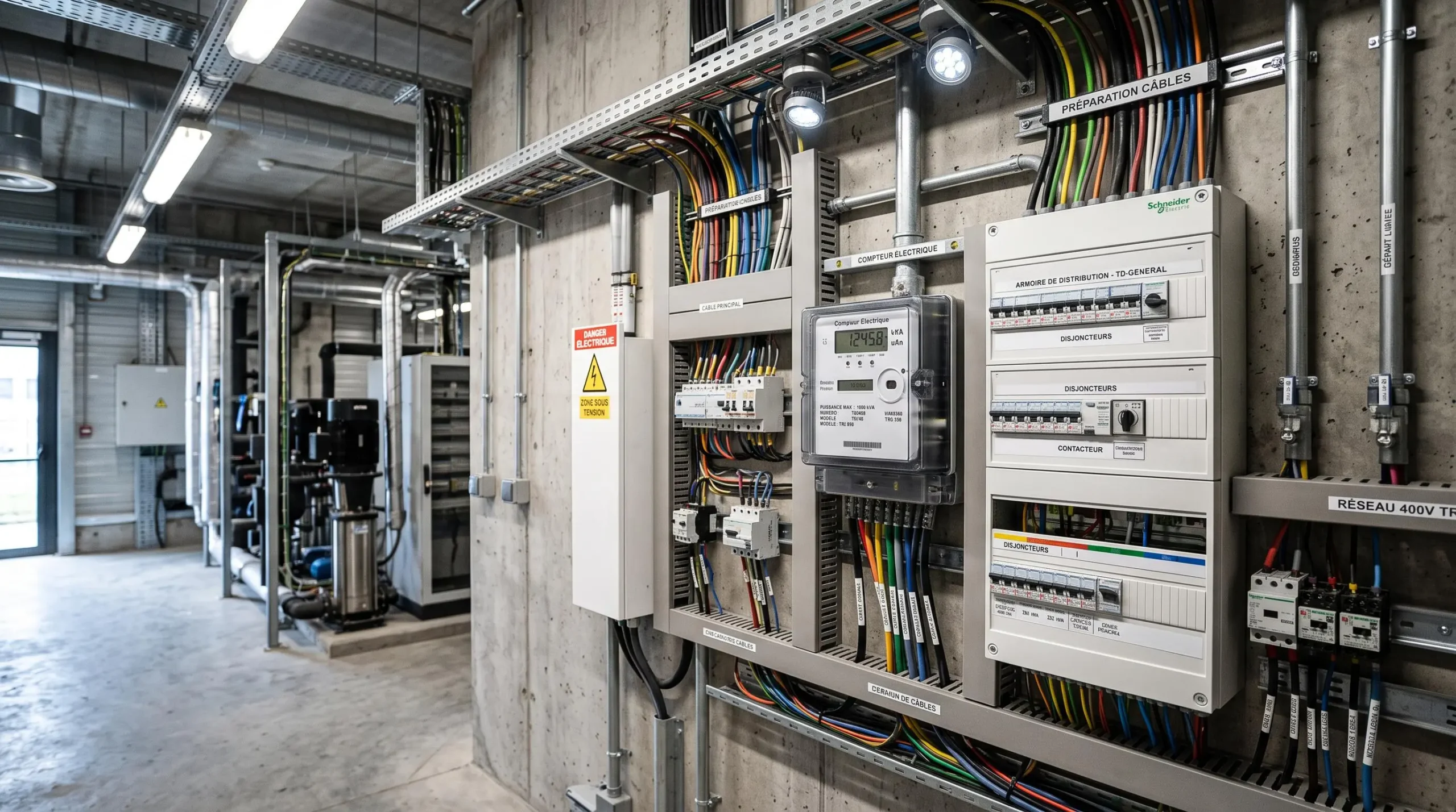 Installation électrique professionnelle montrant un compteur avec affichage de puissance kVA et équipements de distribution dans un local technique