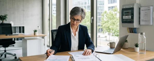 Professionnel consultant des documents de facturation électrique et relevés de compteur sur un bureau moderne dans un environnement de travail contemporain
